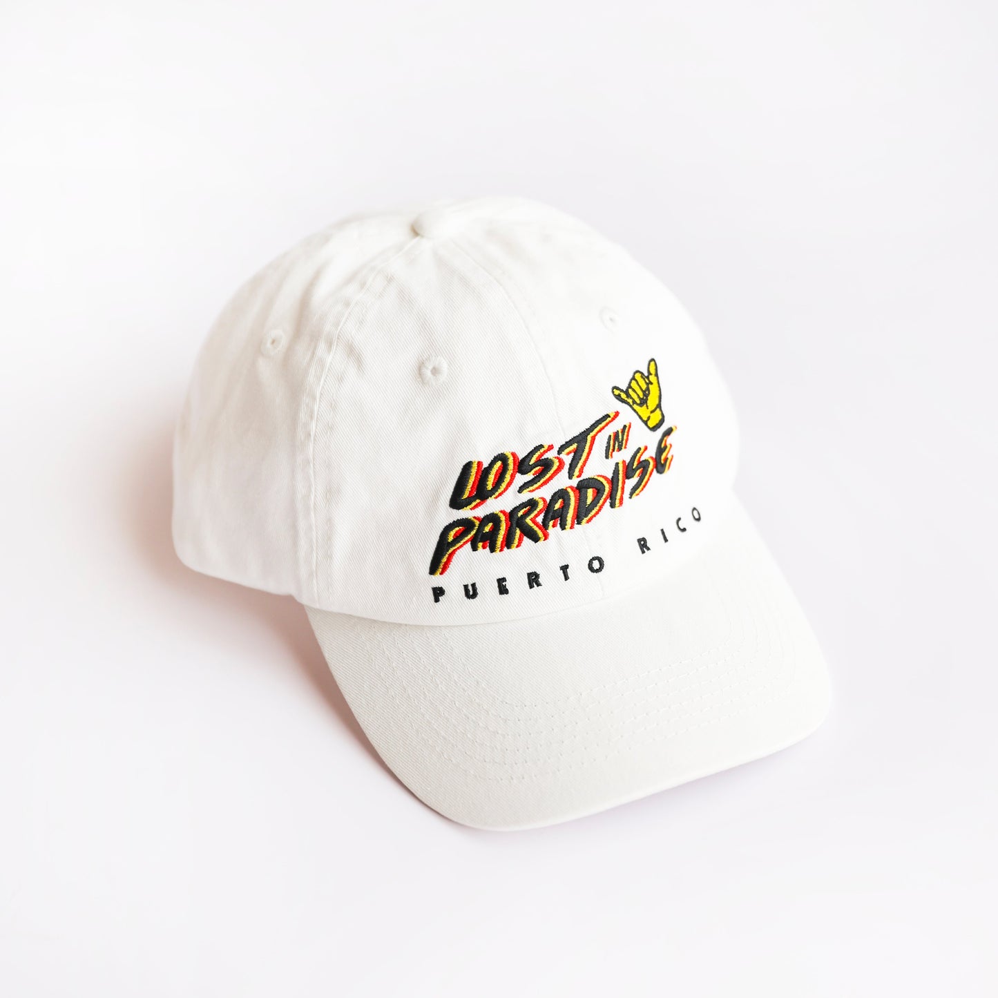 Puerto Rico Lost In Paradise dad hat cap shaka hand white blue red