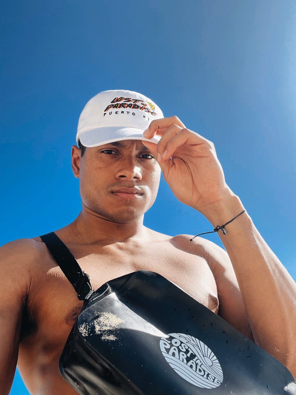 Puerto Rico Lost In Paradise dad hat cap shaka hand white blue red