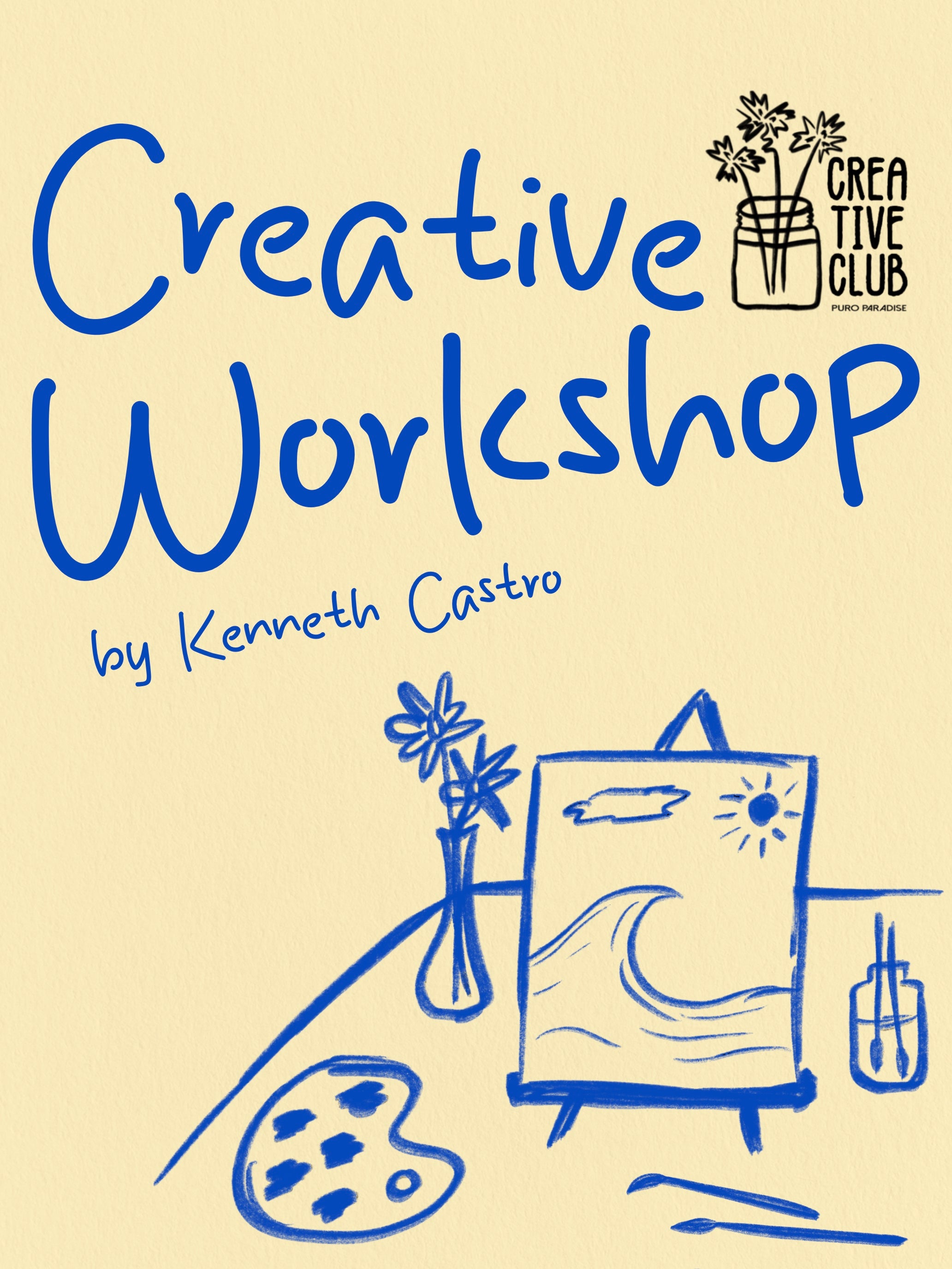 Promo for Creative Workshop' by Kenneth Castro with illustrations of art supplies on a beige background.
