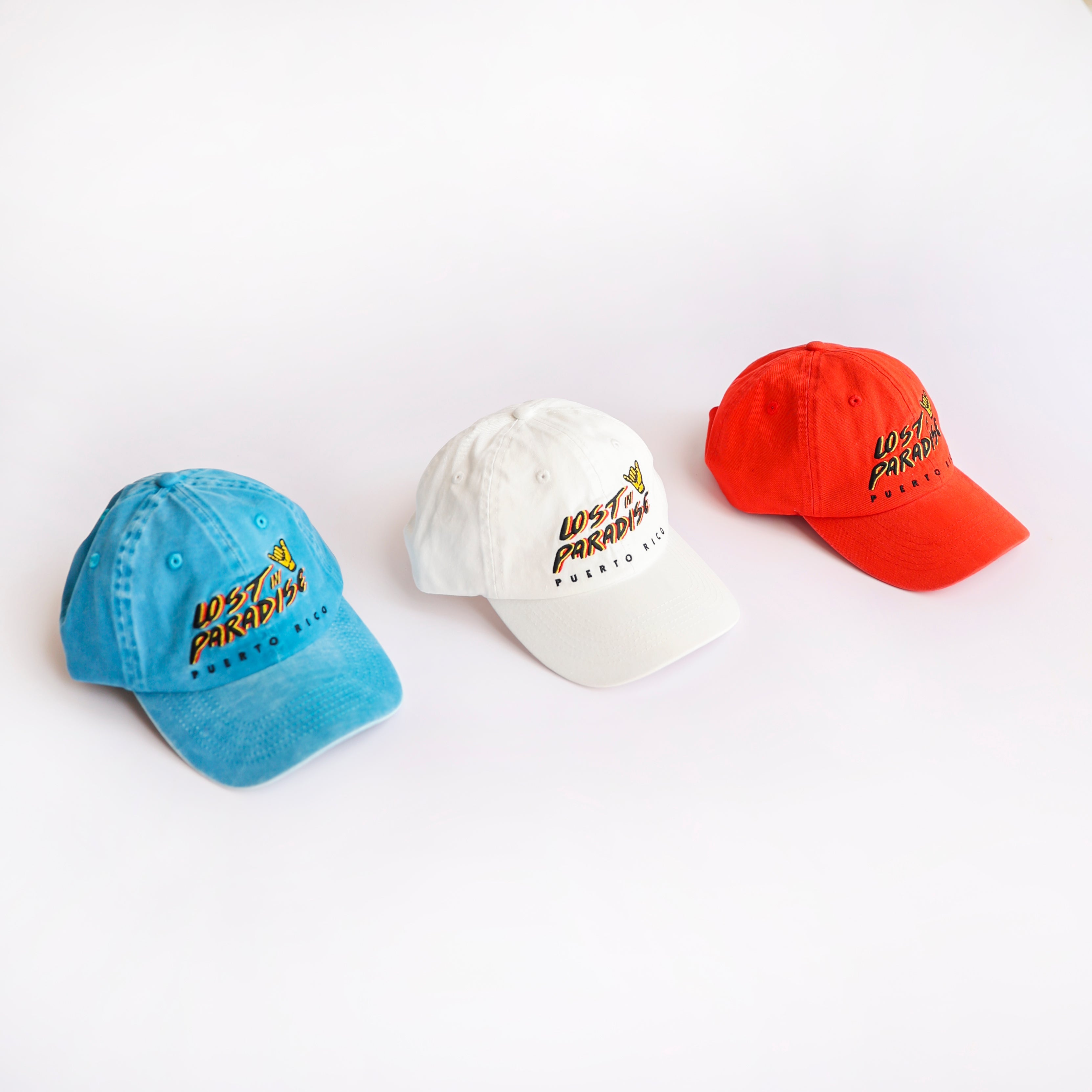 Puerto Rico Lost In Paradise dad hat cap shaka hand white blue red
