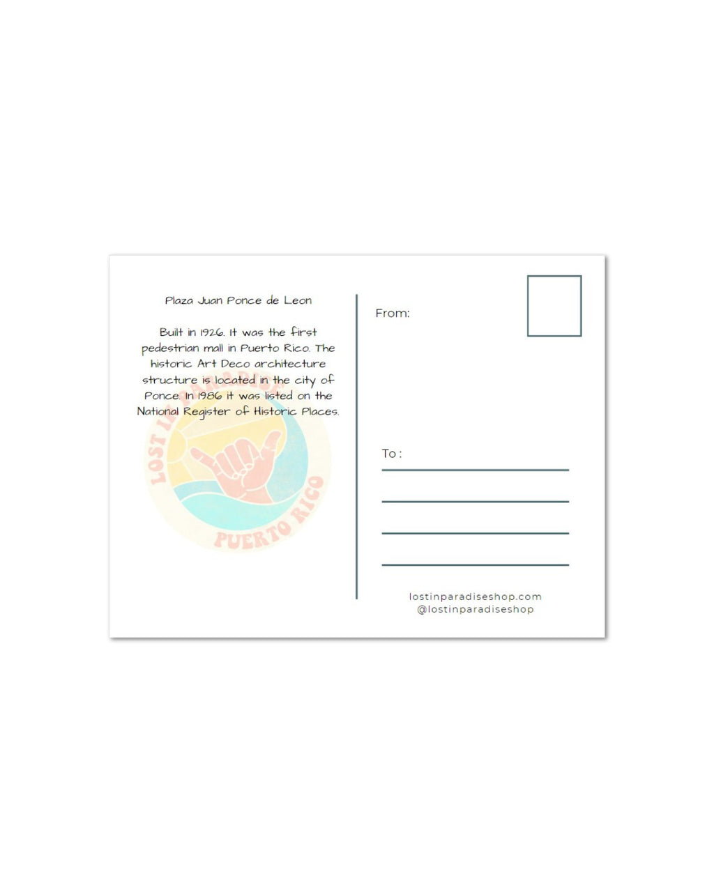 Puro paradise, Puerto Rico, postcard, plaza Juan Ponce de leon, plaza, Ponce, gift, postal