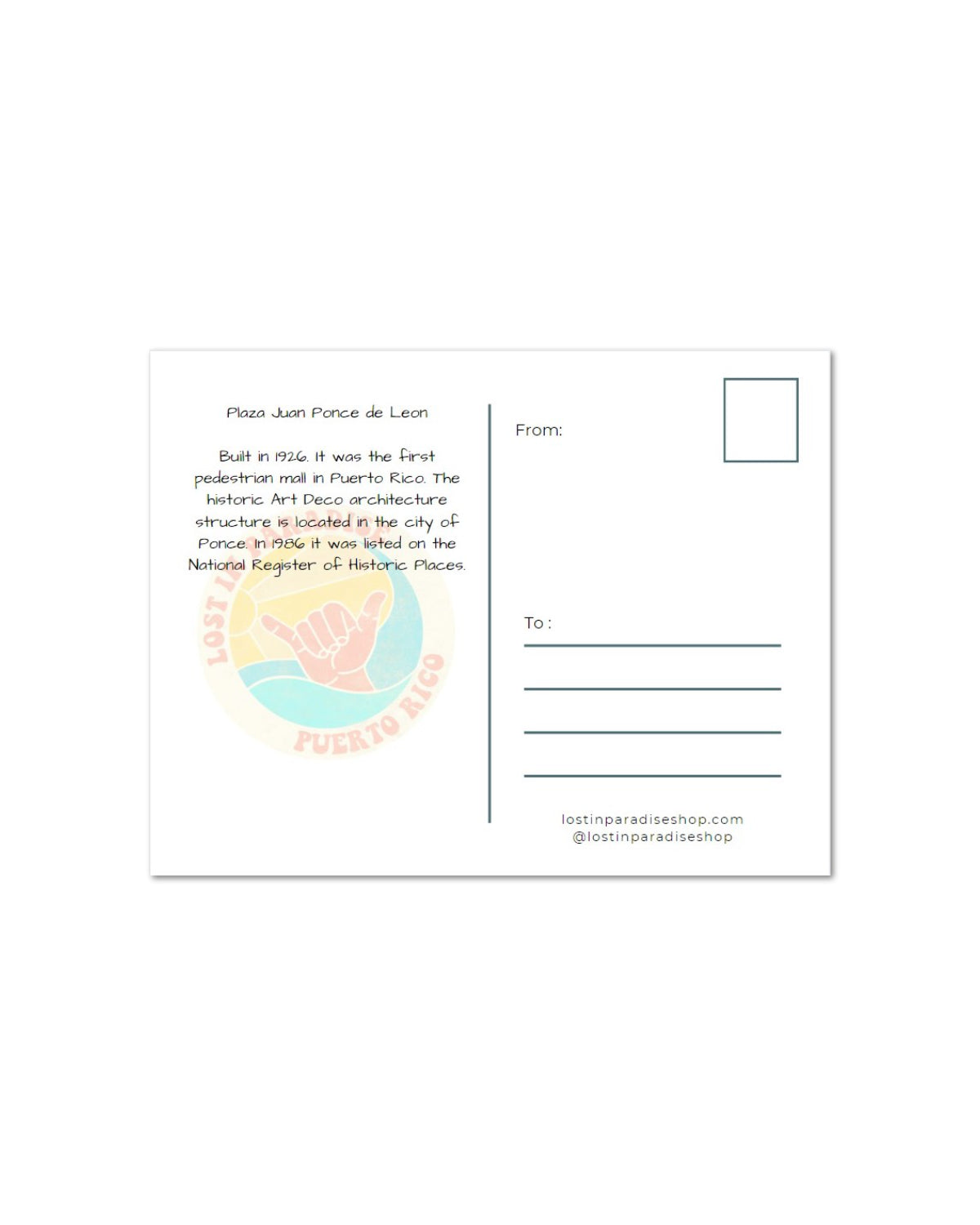 Puro paradise, Puerto Rico, postcard, plaza Juan Ponce de leon, plaza, Ponce, gift, postal