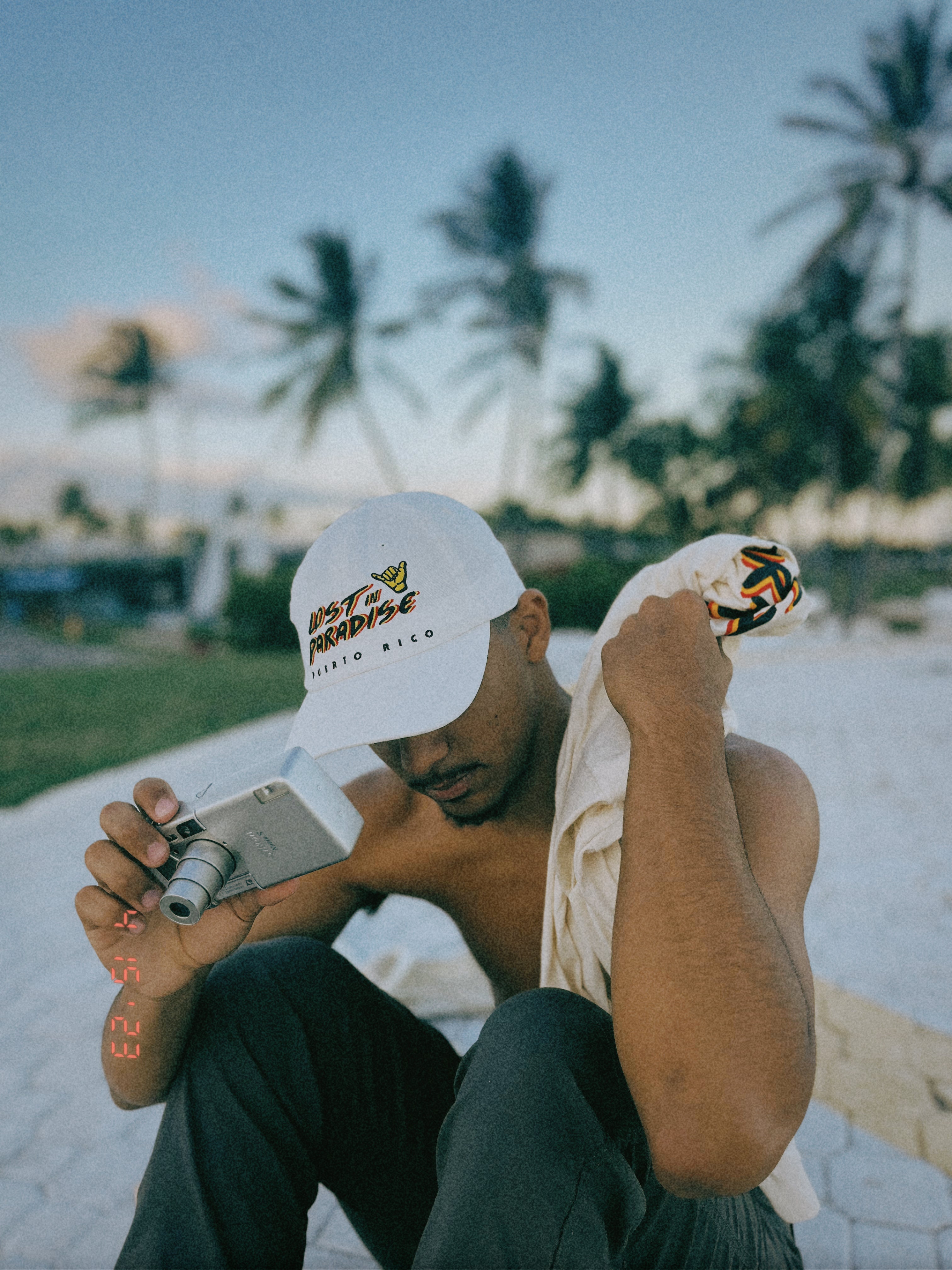 Puerto Rico Lost In Paradise dad hat cap shaka hand white blue red