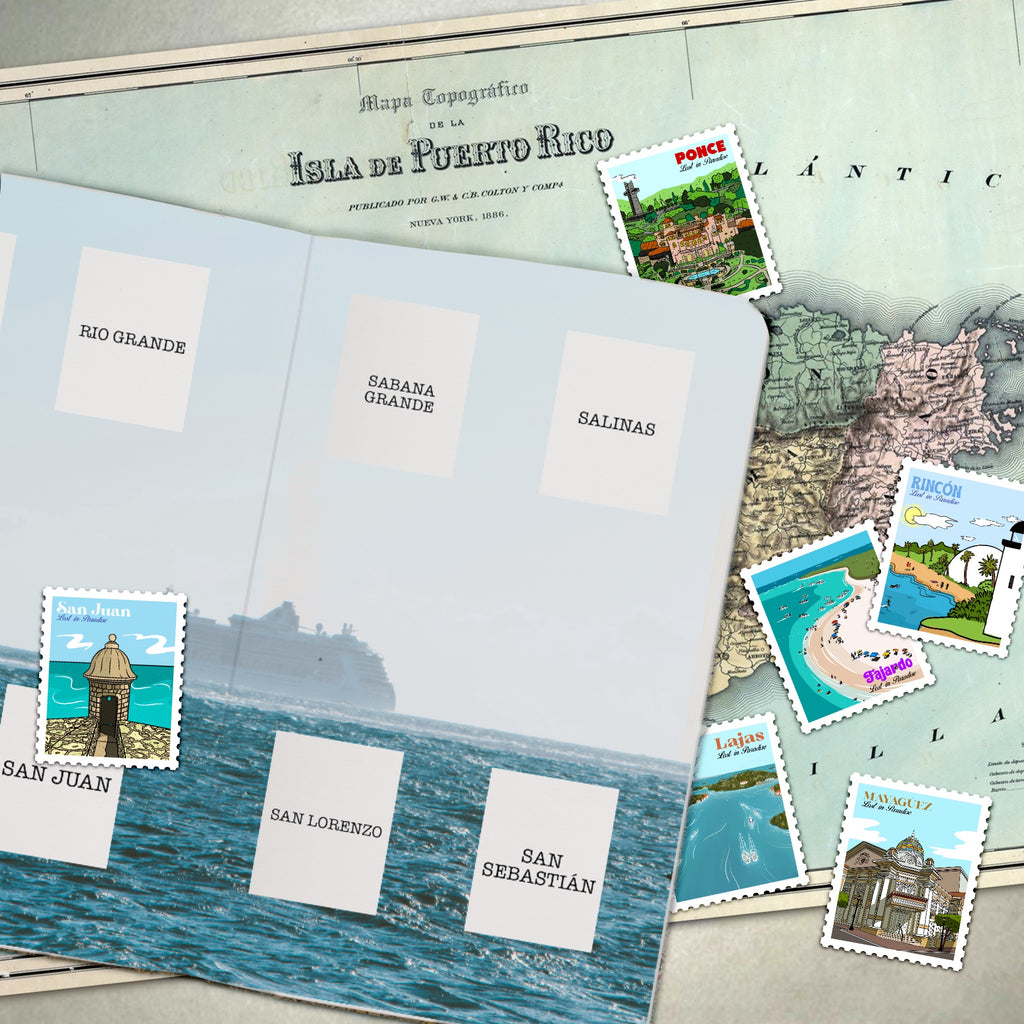 Puerto Rico, Puro Paradise, stickers, stamps, stamp book, book, cities, towns, collectibles